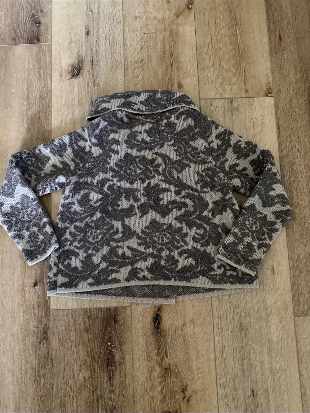 Chico's | Brown/Cream Floral Jacquard | Open Front Funnel Neck Sweater | size 1
